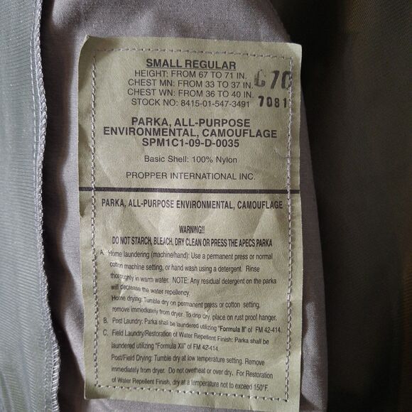 US Air Force Parka APECS All Purpose Environmental Camo Tiger Stripe Small Reg - Picture 7 of 10